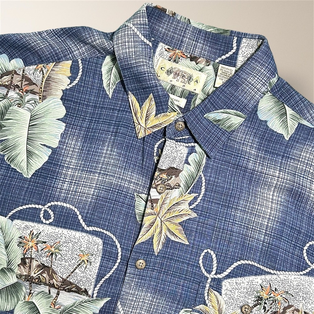 Campia Moda Mens XL Blue Hawaiian Shirt Tropical Island Palm Short Sleeve Travel